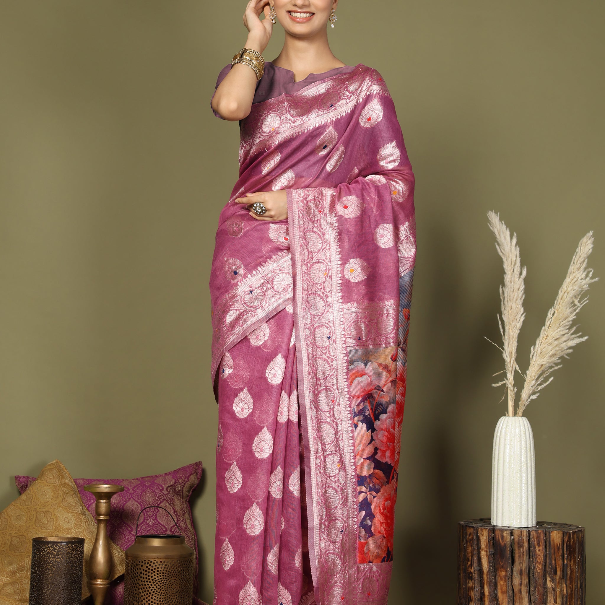 Onion Pink Linen Cotton Saree