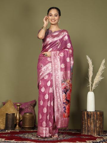 Onion Pink Linen Cotton Saree