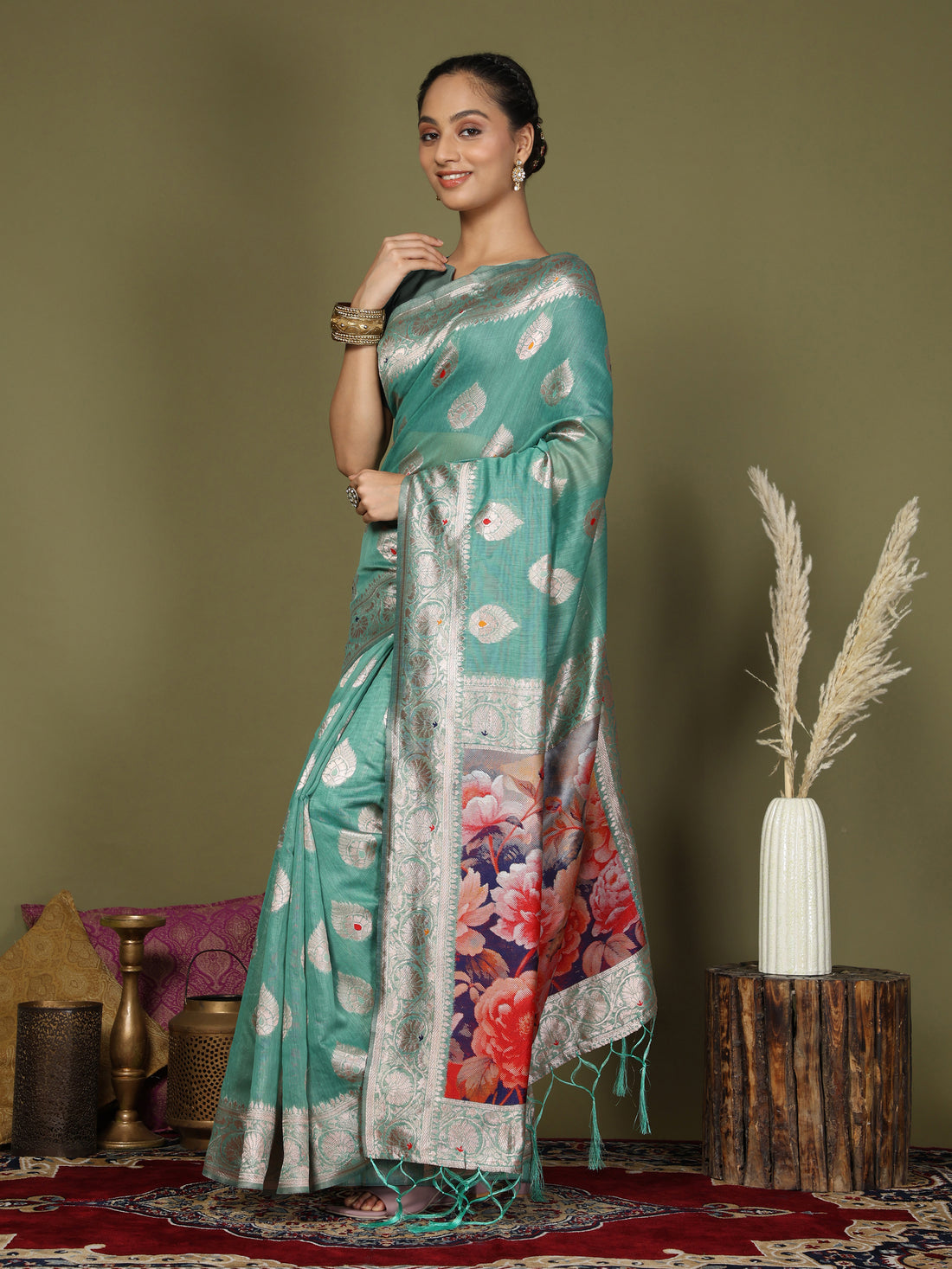 Teal Blue Linen Cotton Saree