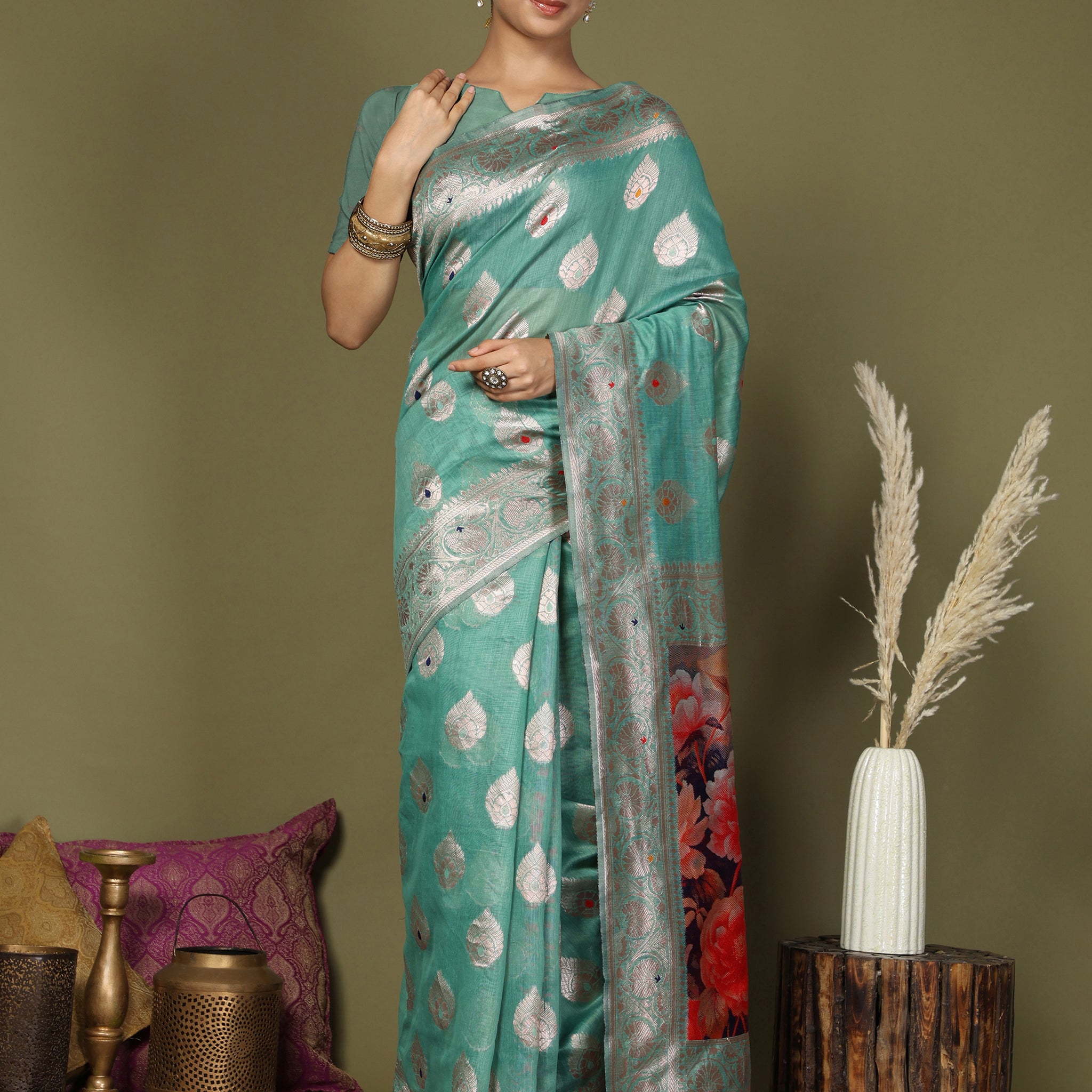 Teal Blue Linen Cotton Saree