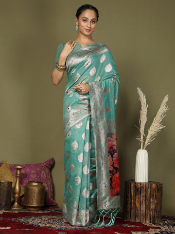 Teal Blue Linen Cotton Saree