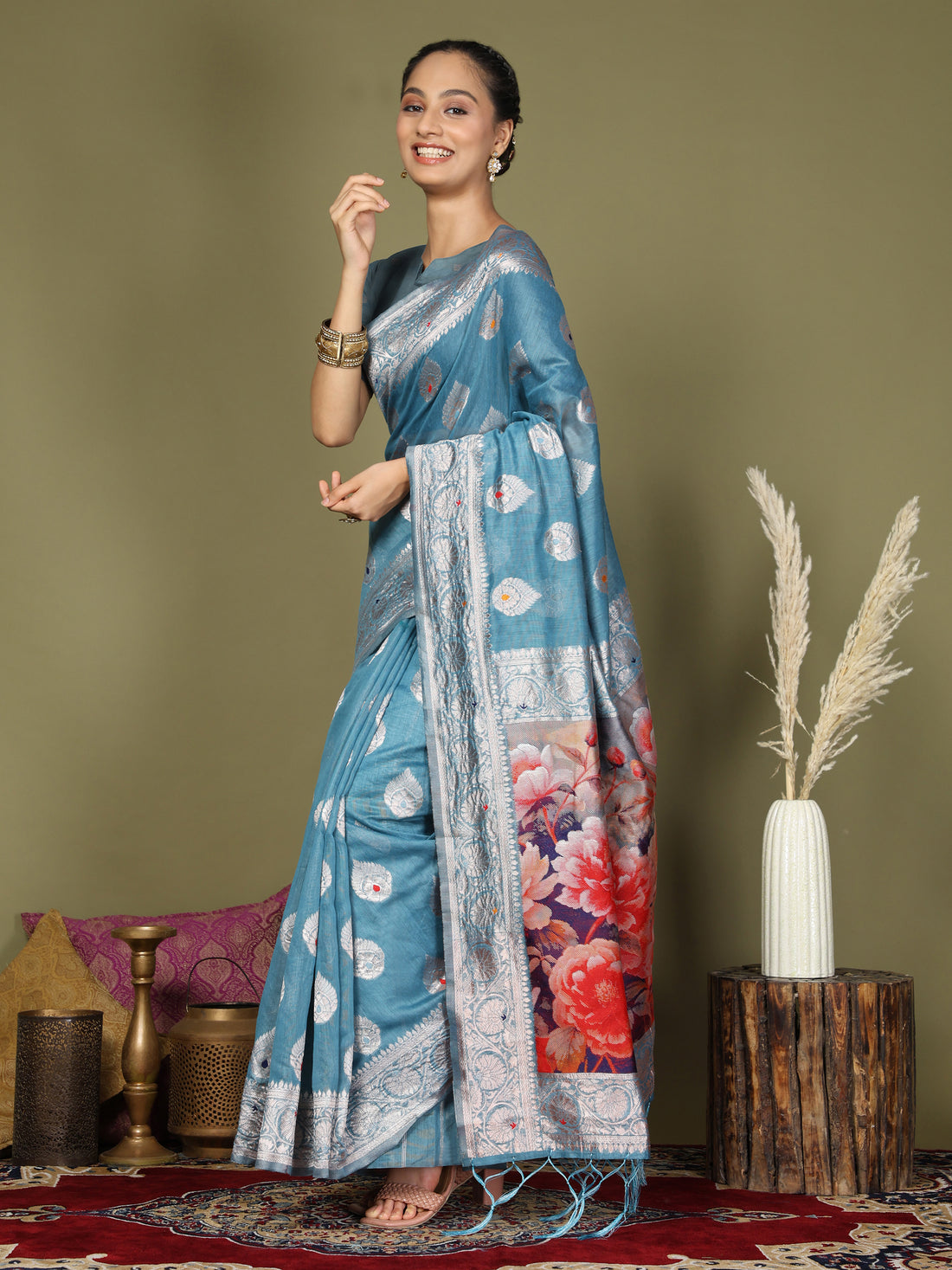 Blue Linen Cotton Saree