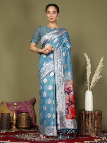 Blue Linen Cotton Saree