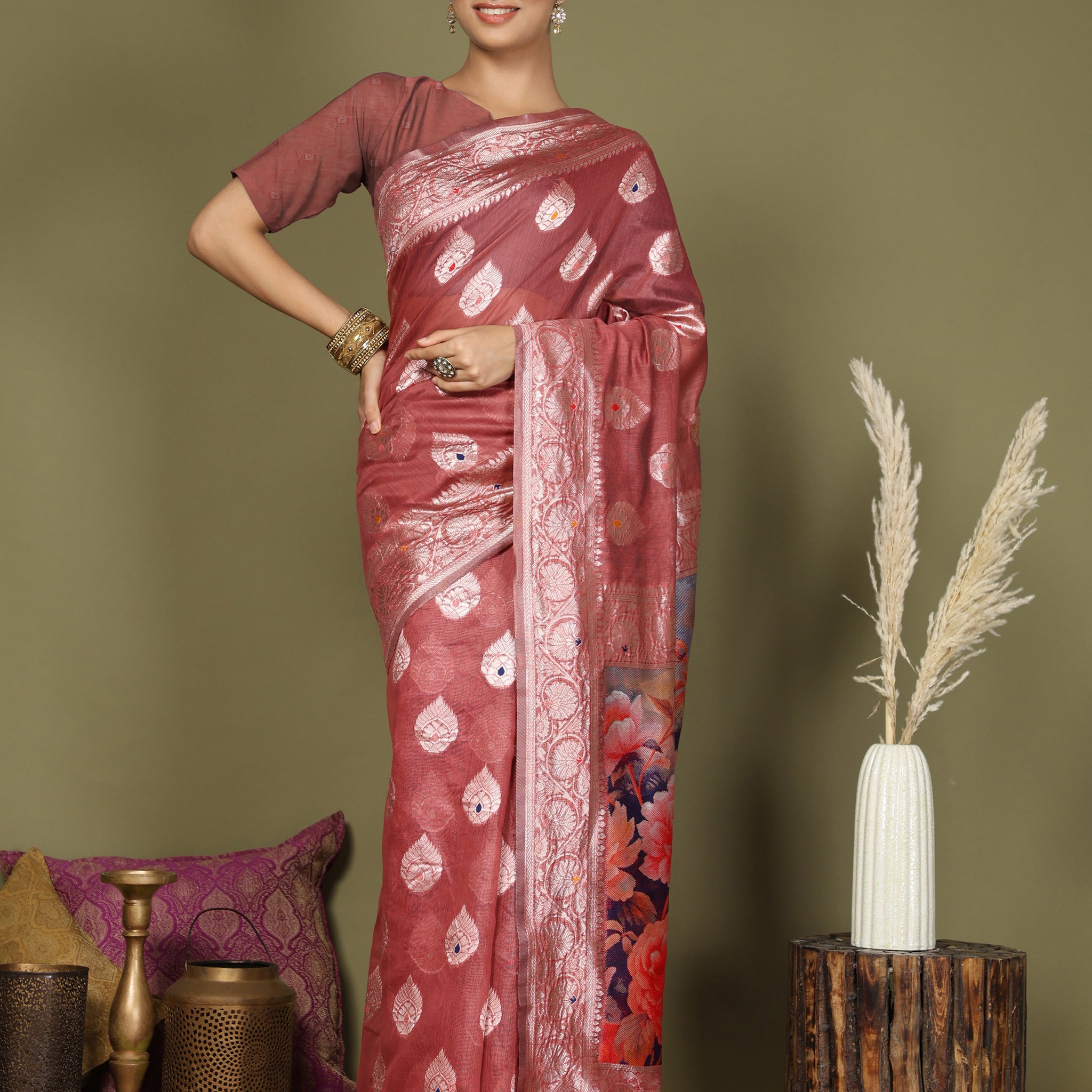 Maroon Linen Cotton Saree