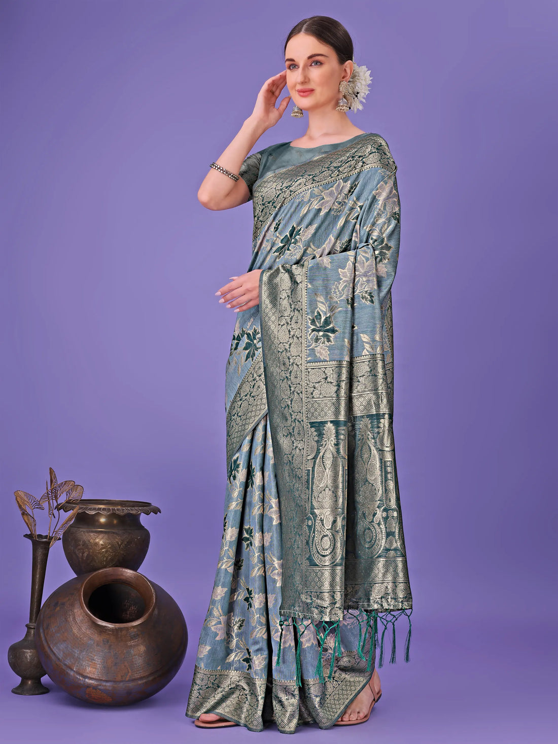 Teal Blue Cotton Saree