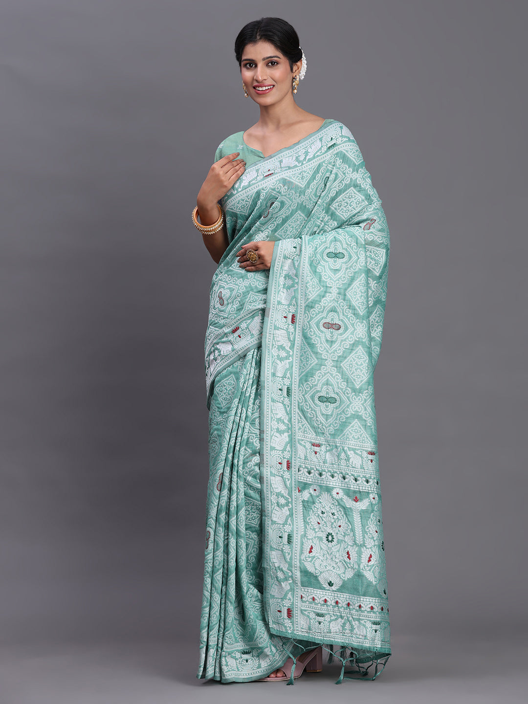 Sea Green Linen Cotton Saree