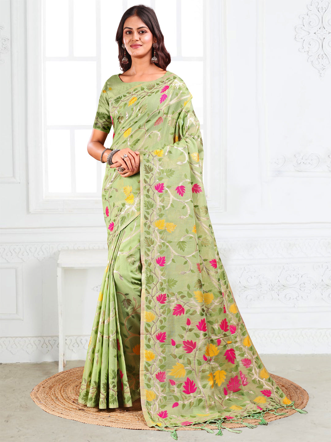 Light Green Linen Cotton Saree