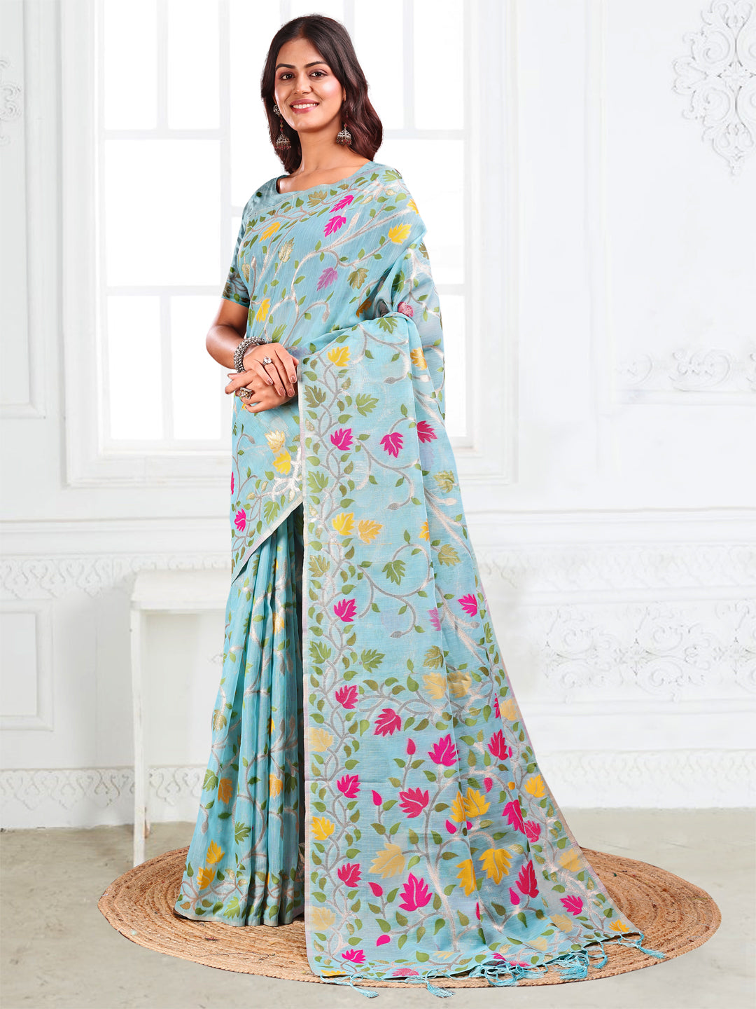 Sky Blue Linen Cotton Saree