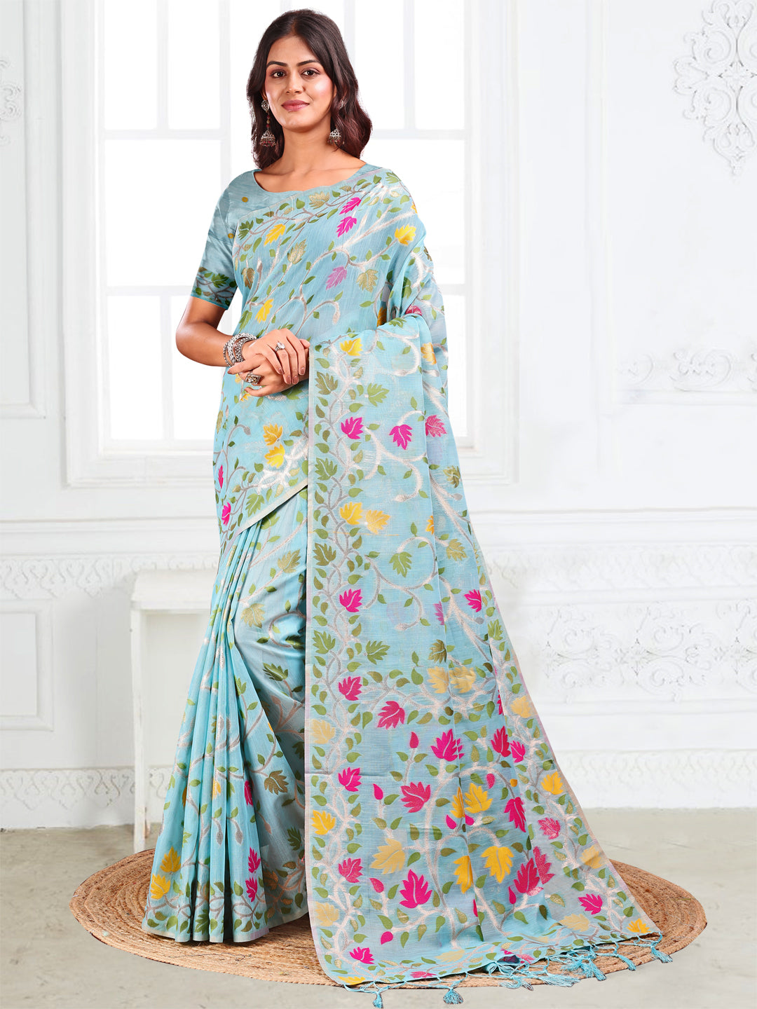 Sky Blue Linen Cotton Saree