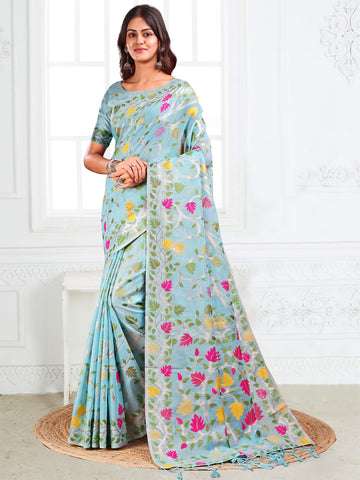 Sky Blue Linen Cotton Saree