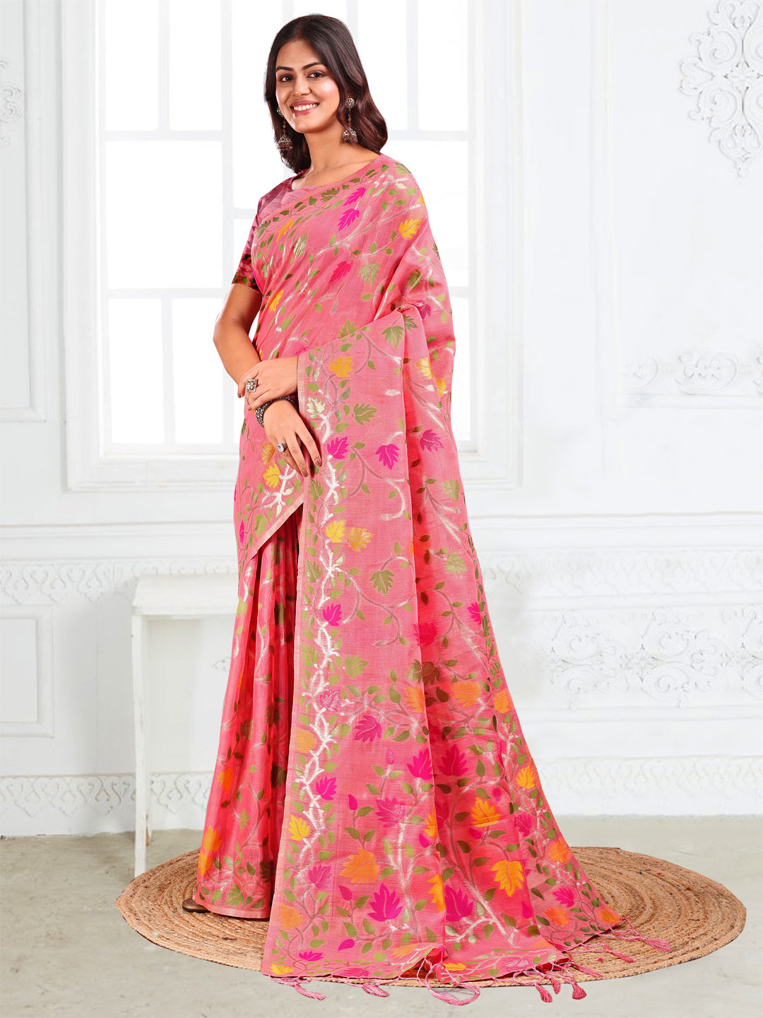 Pink Linen Cotton Saree
