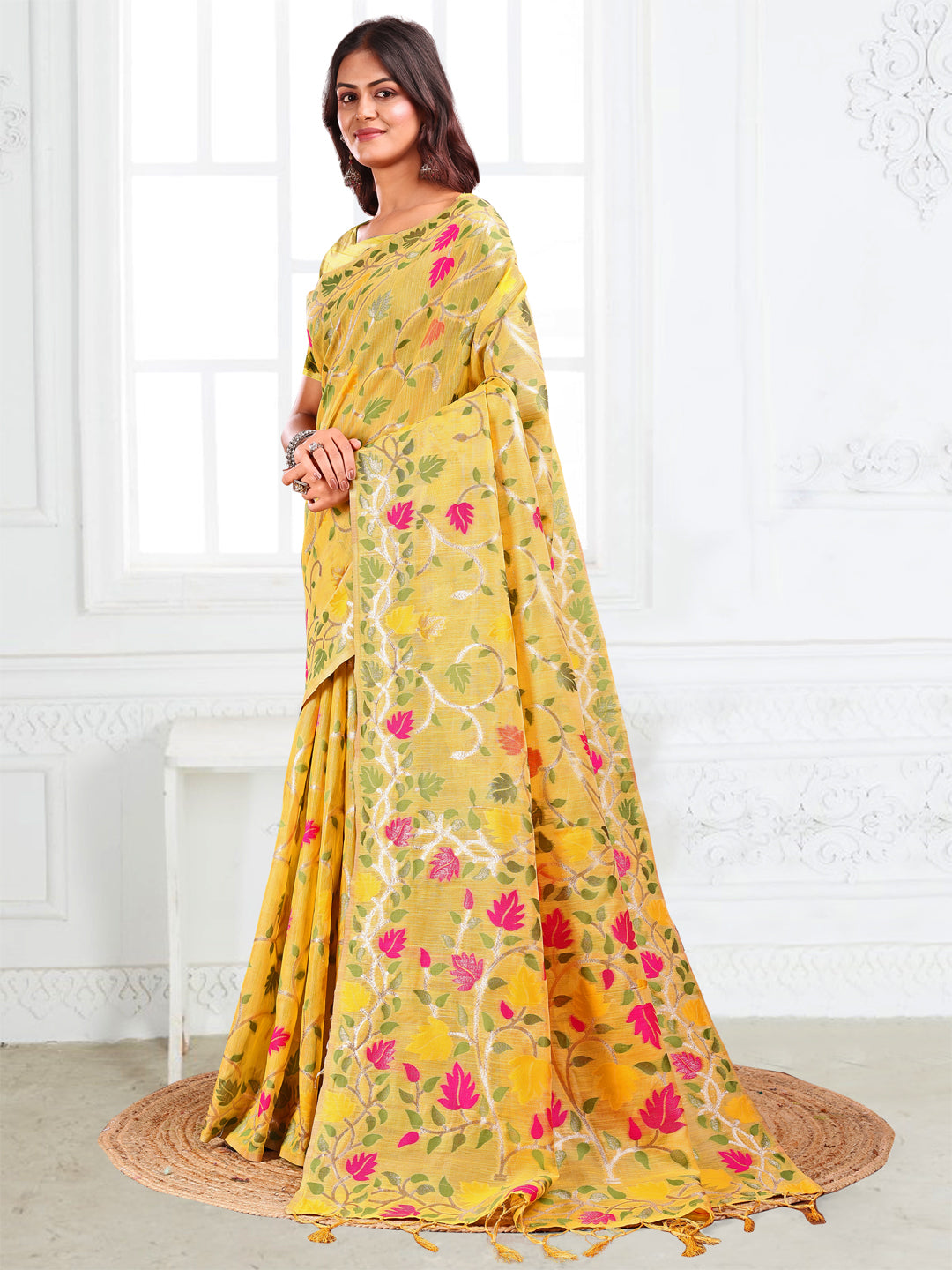 Yellow Linen Cotton Saree