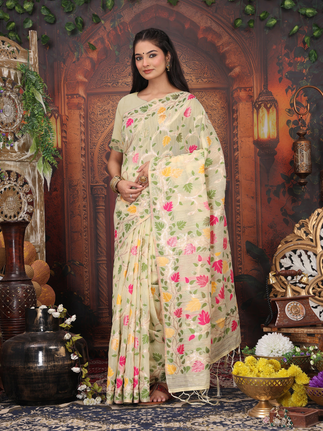 Beige Linen Cotton Saree