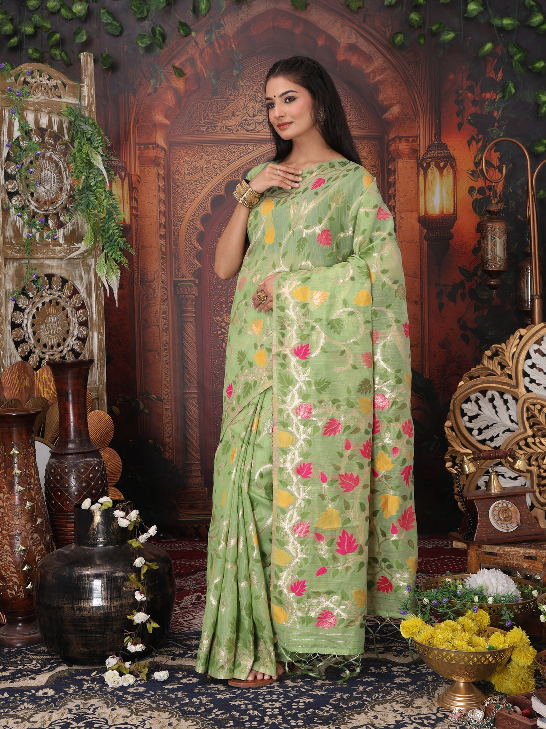 Pista Green Linen Cotton Saree
