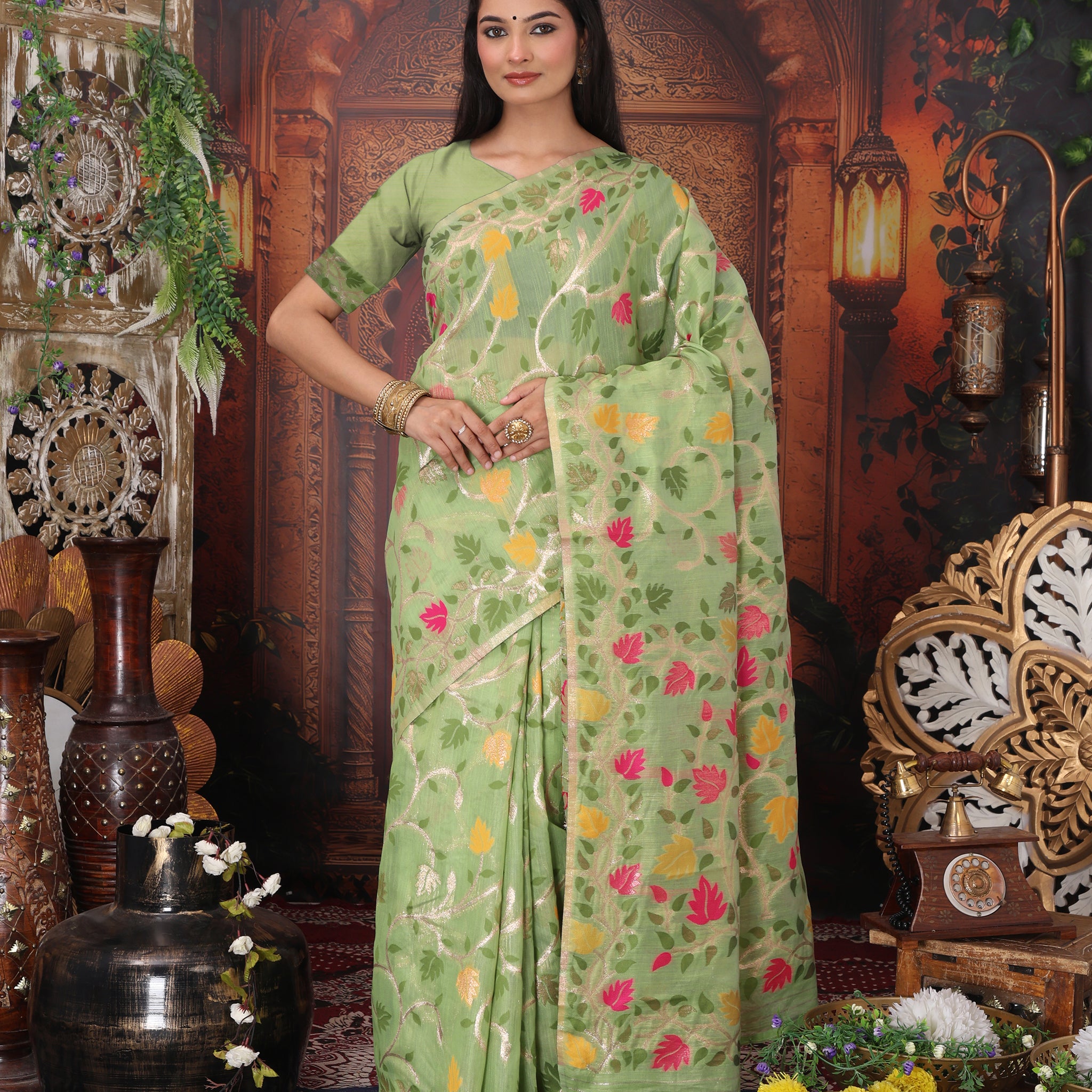 Pista Green Linen Cotton Saree