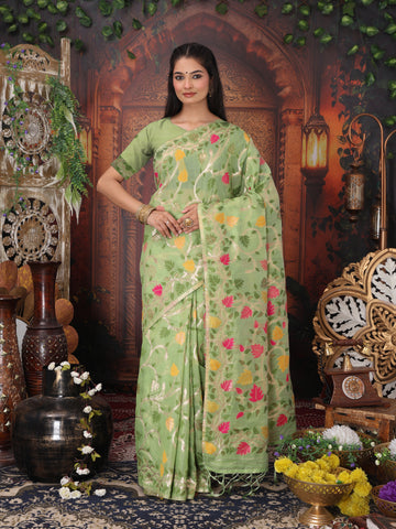 Pista Green Linen Cotton Saree