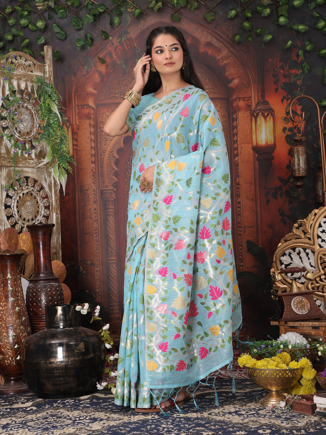 Sky Blue Linen Cotton Saree