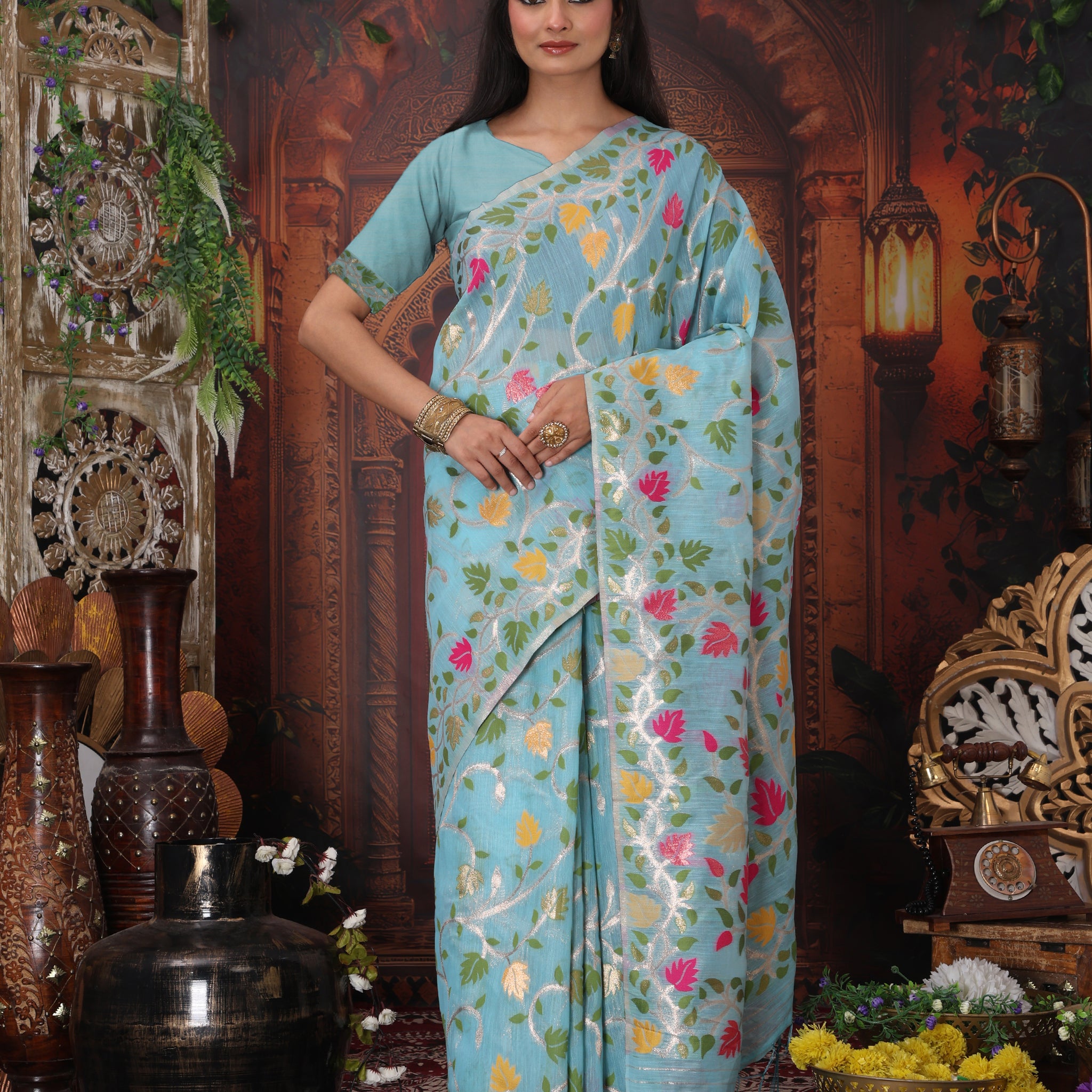 Sky Blue Linen Cotton Saree