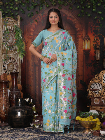 Sky Blue Linen Cotton Saree