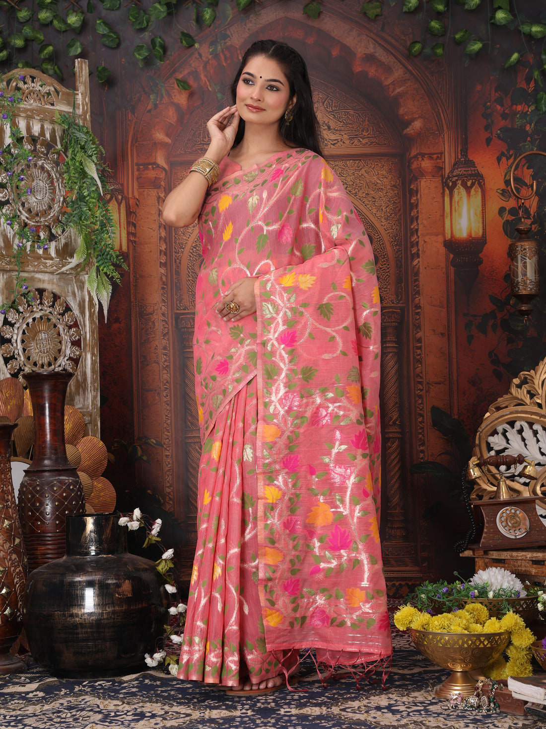Peach Linen Cotton Saree
