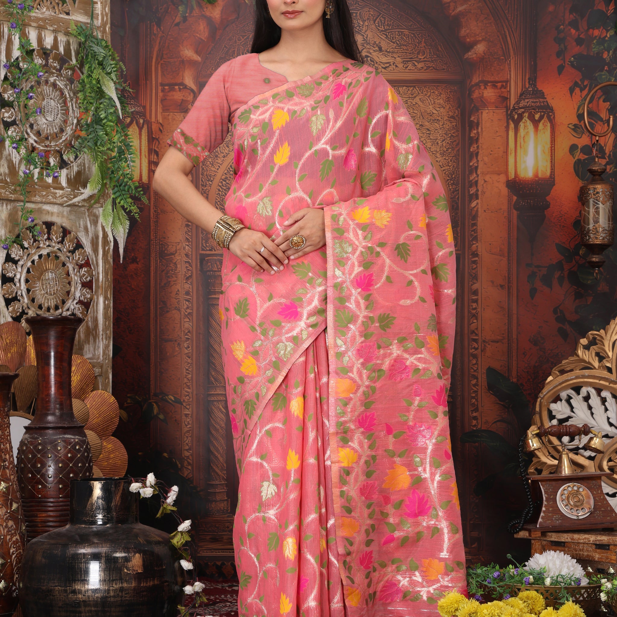 Peach Linen Cotton Saree