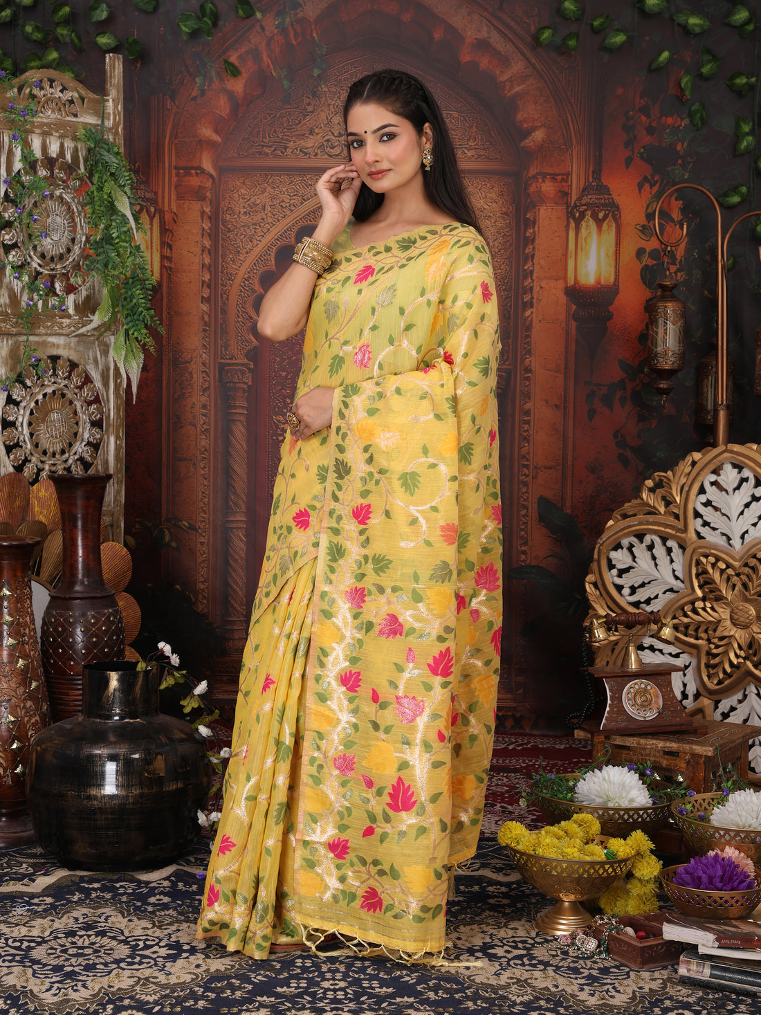 Yellow Linen Cotton Saree