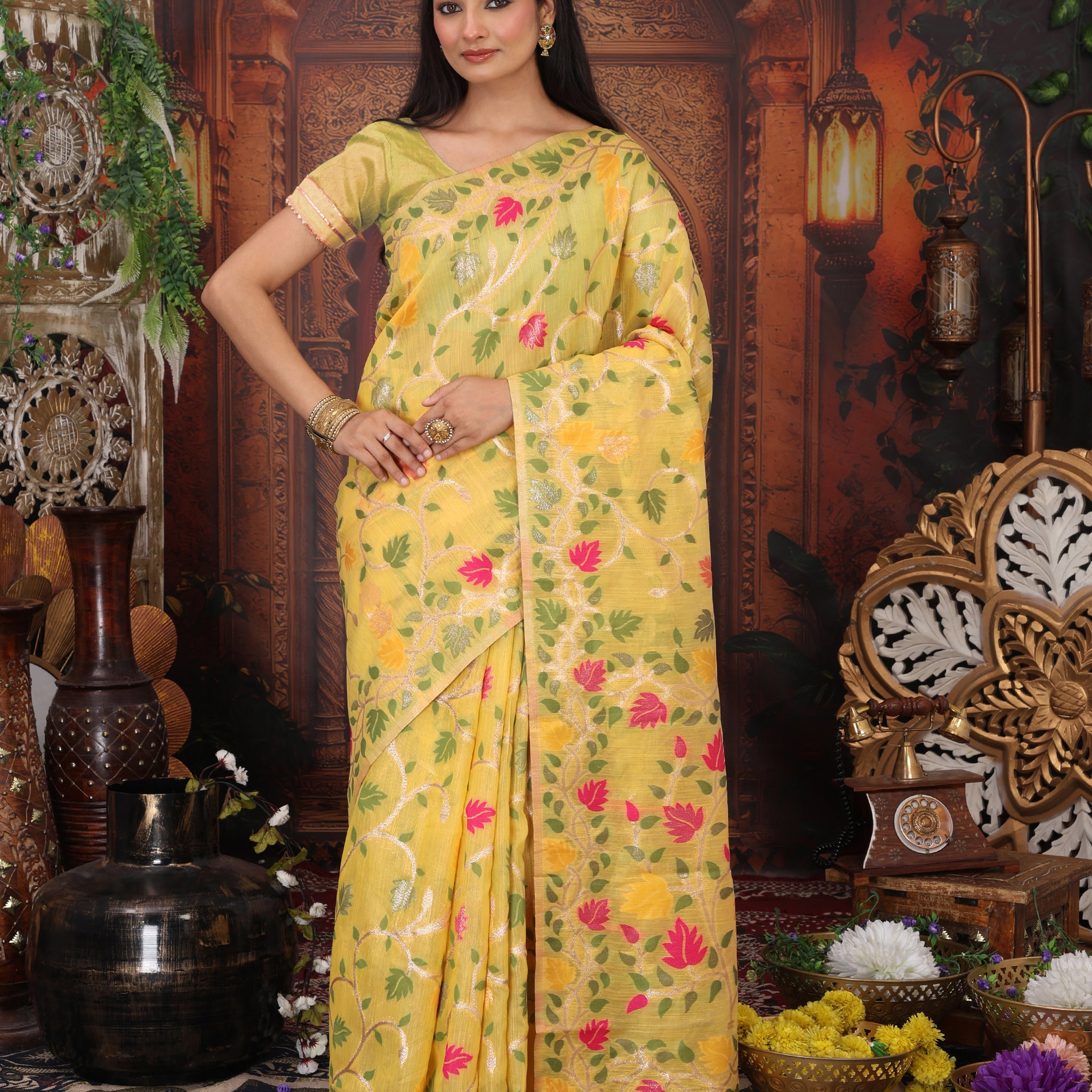 Yellow Linen Cotton Saree