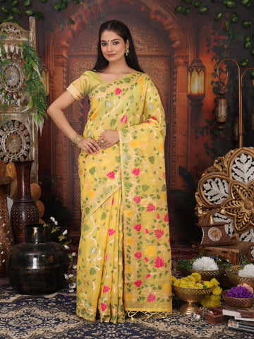 Yellow Linen Cotton Saree