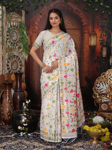 Off White Linen Cotton Saree