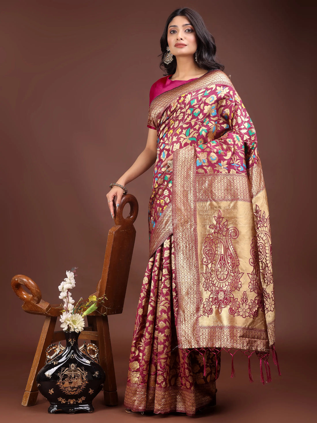Magenta & Golden Litchi Silk Saree