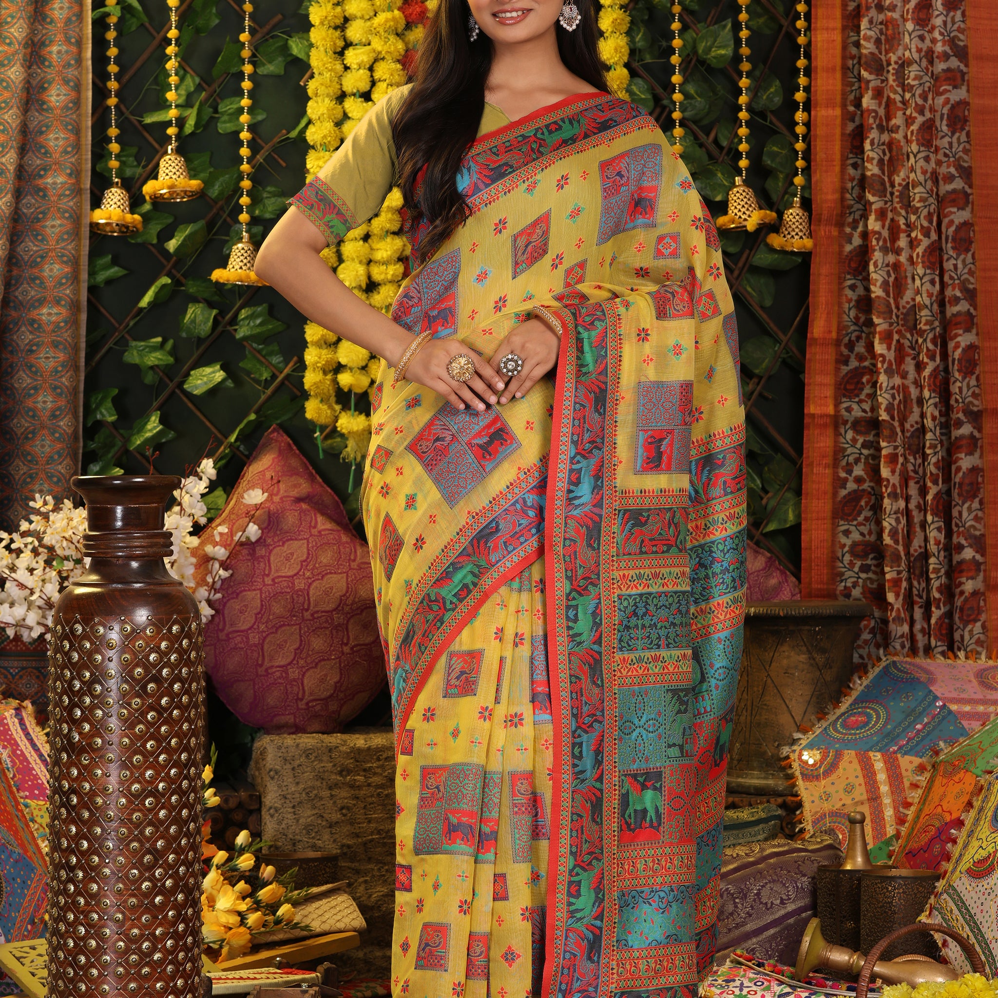 Mustard Yellow Linen Cotton Saree