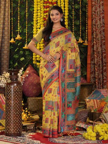 Mustard Yellow Linen Cotton Saree