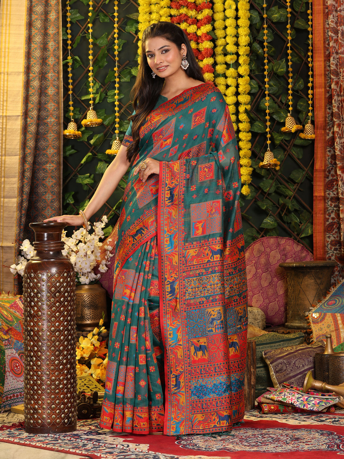 Teal Green Linen Cotton Saree