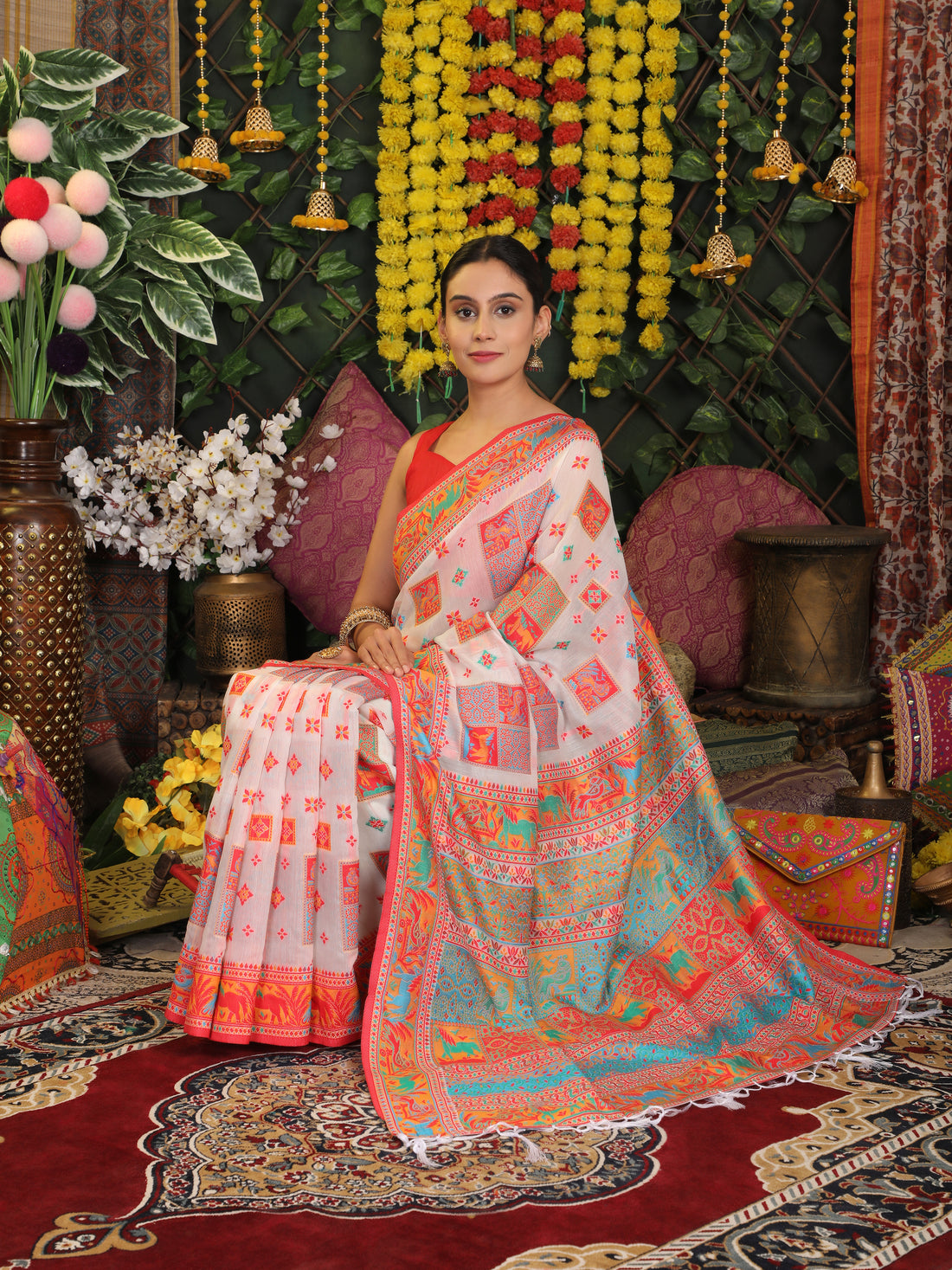 Off White Linen Cotton Saree
