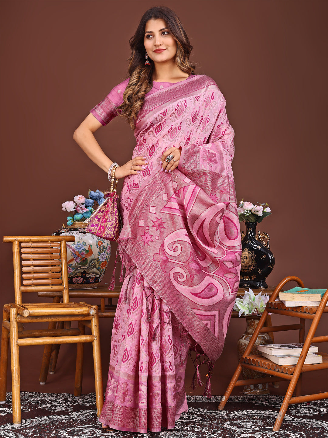 Pink Linen Cotton Saree