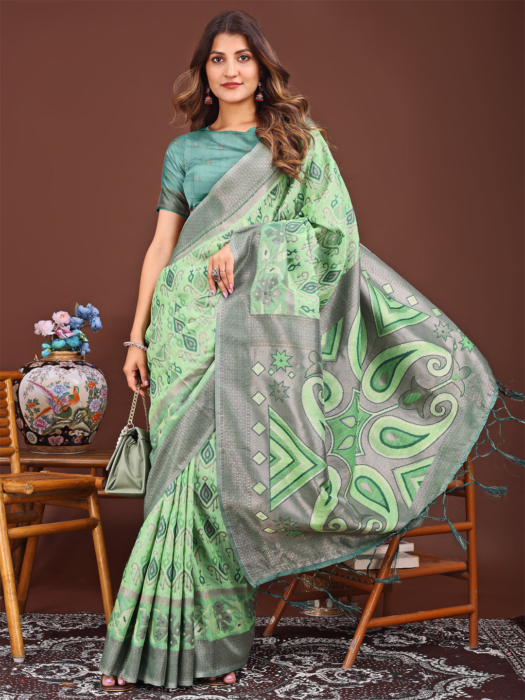 Light Green Linen Cotton Saree