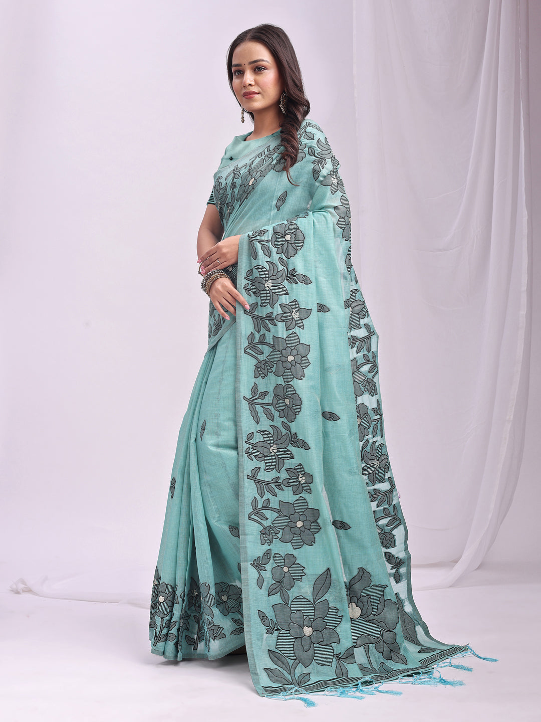Sea Green Linen Cotton Saree