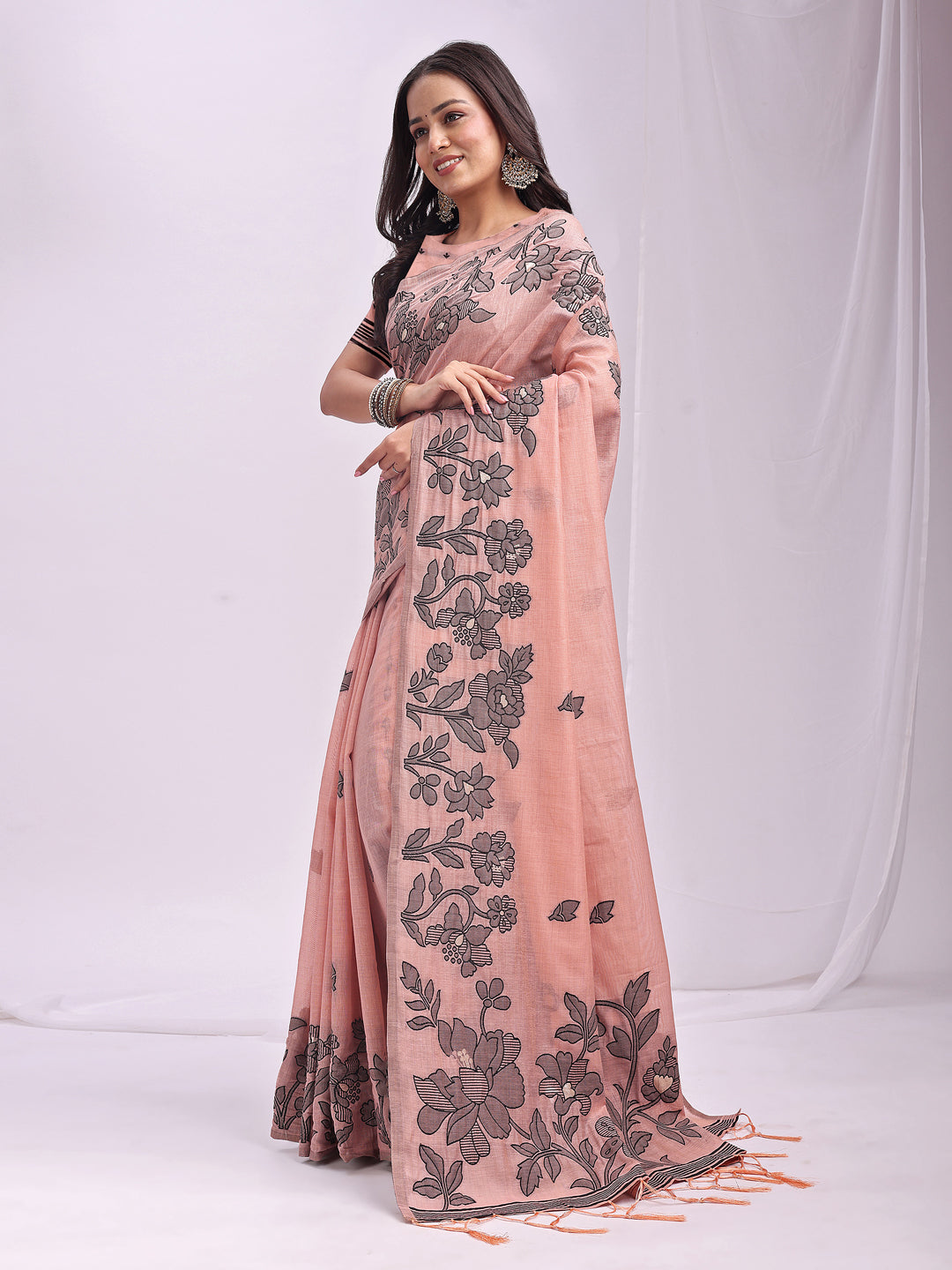 Peach Linen Cotton Saree
