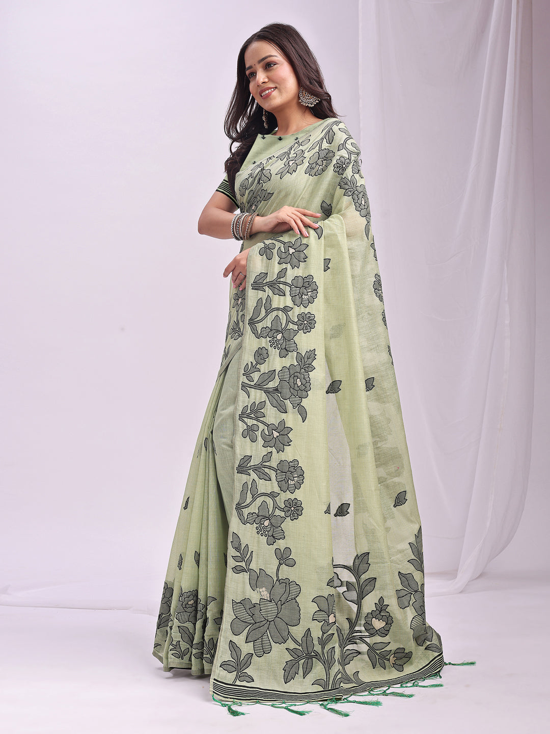Light Green Linen Cotton Saree