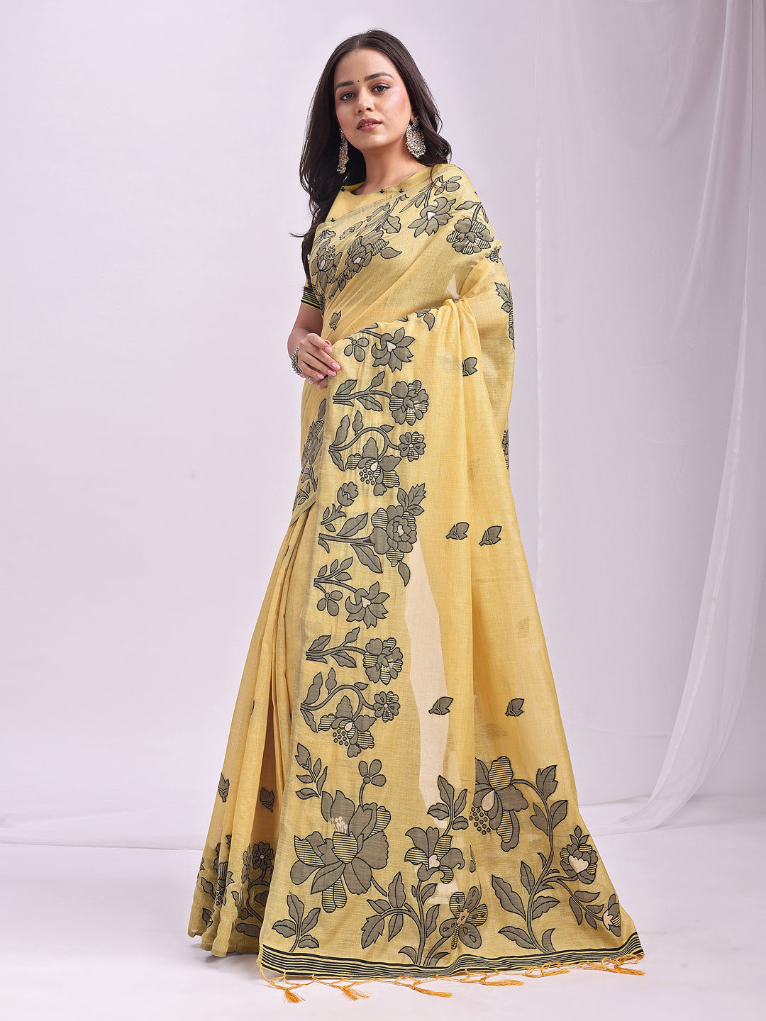 Yellow Linen Cotton Saree