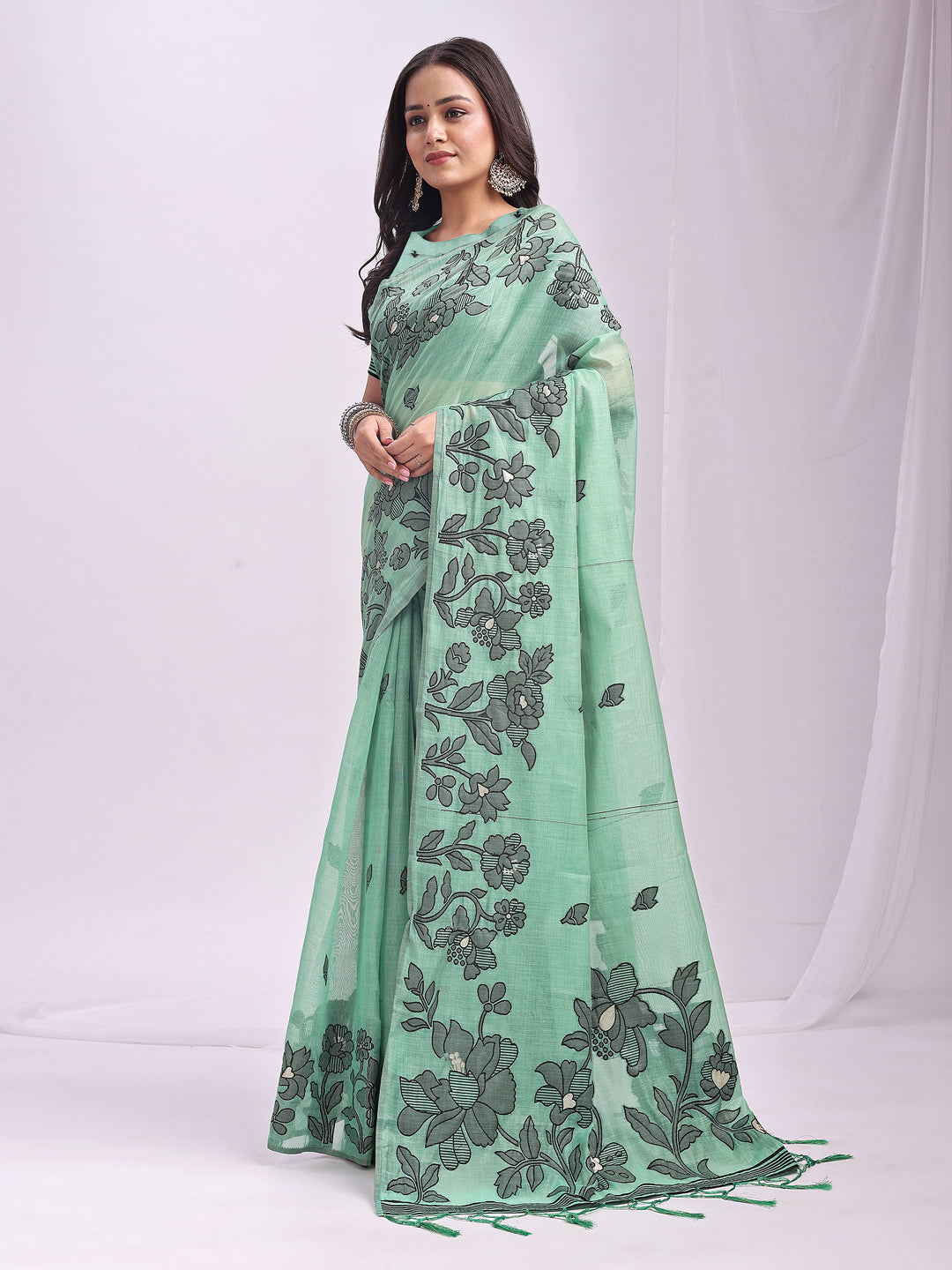 Rama Green Linen Cotton Saree