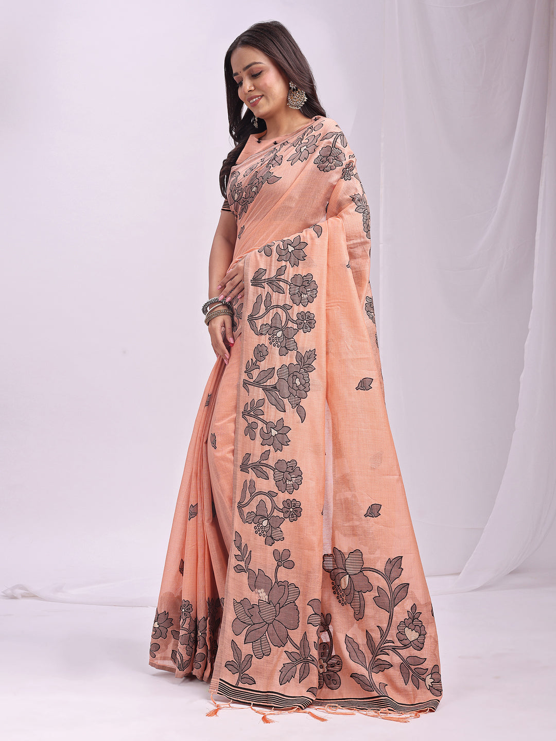 Orange Linen Cotton Saree