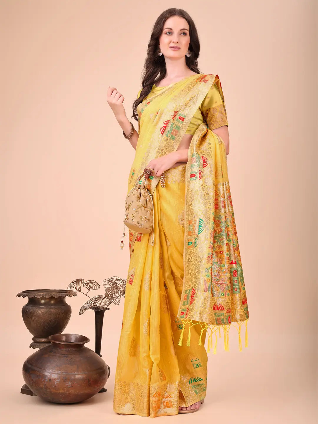 Yellow Linen Cotton Saree