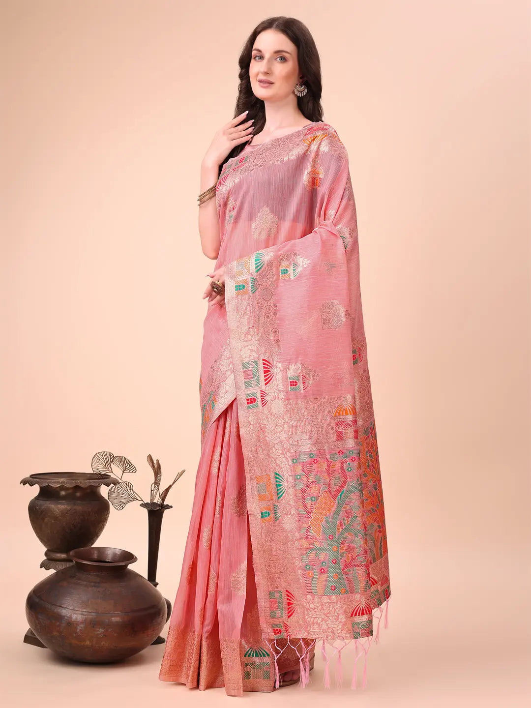 Pink Linen Cotton Saree