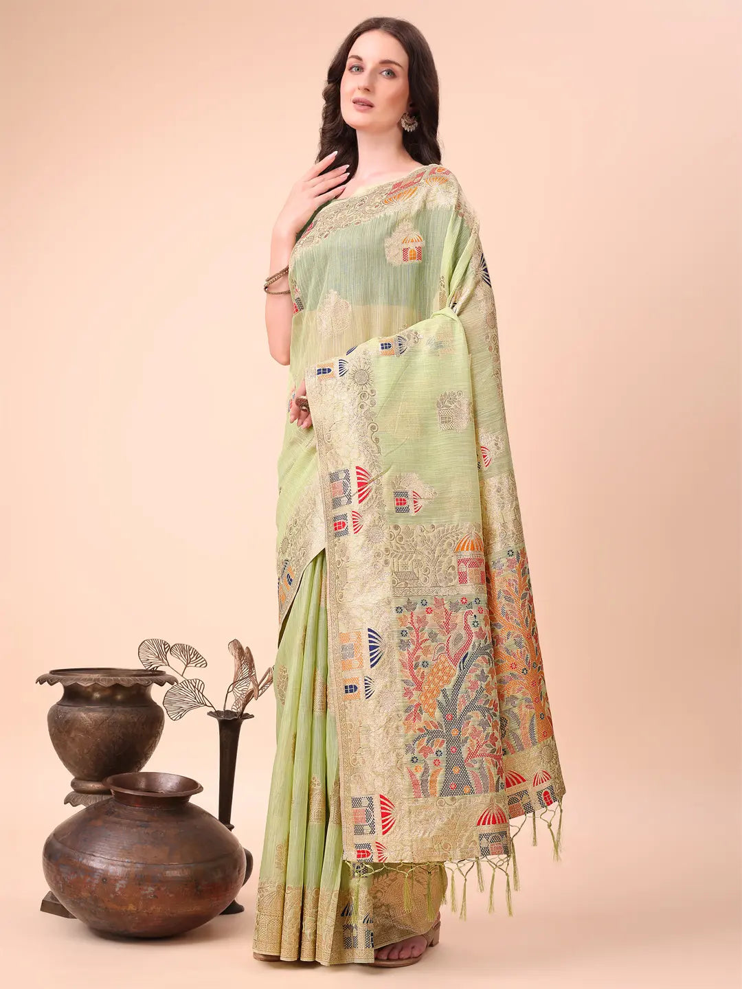 Light Green Linen Cotton Saree