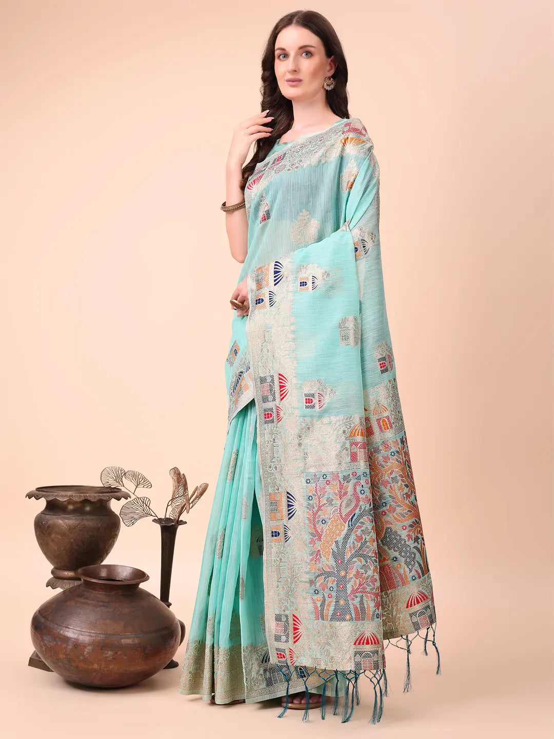 Sky Blue Linen Cotton Saree