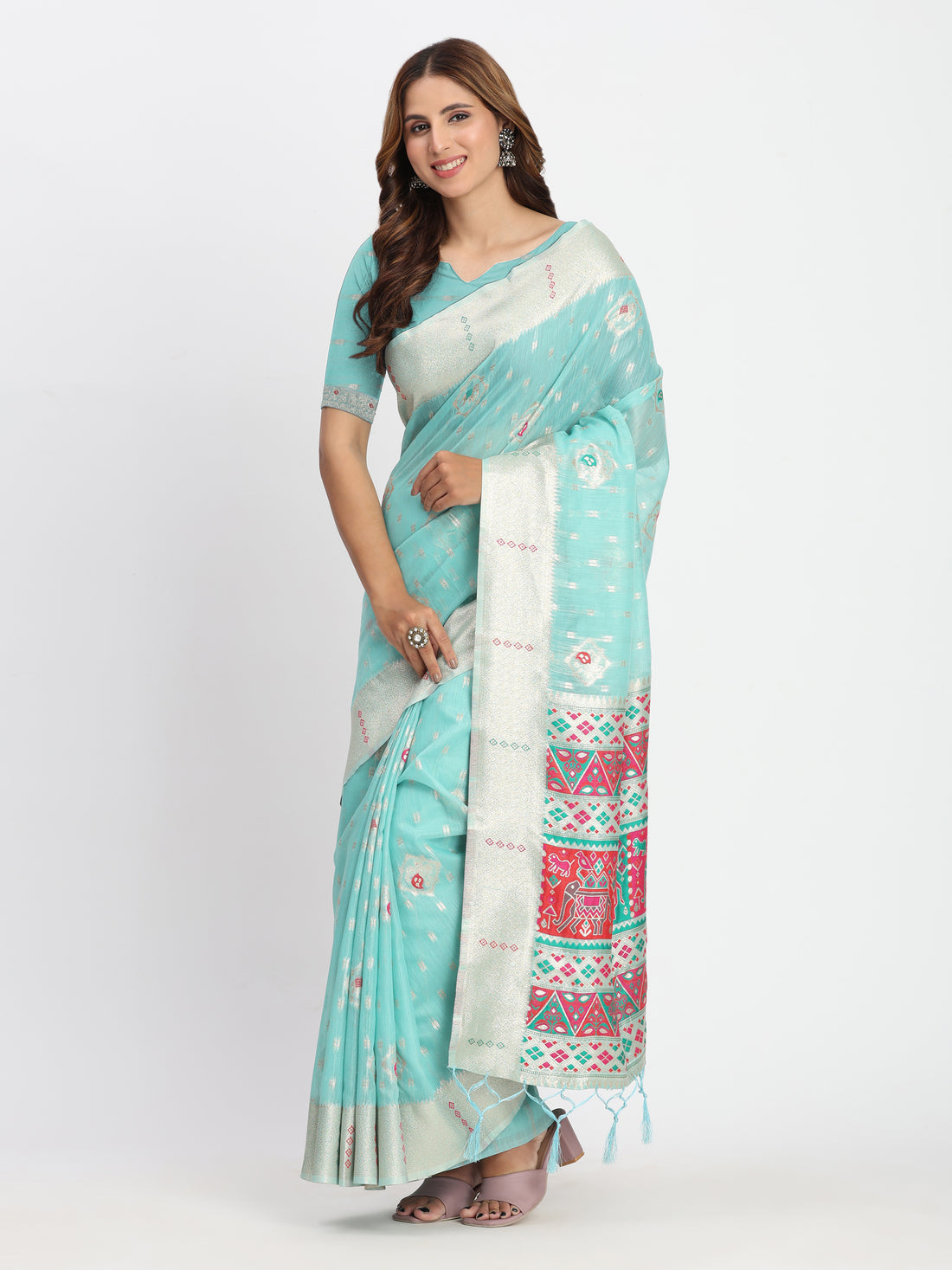 Sea Green Linen Cotton Saree