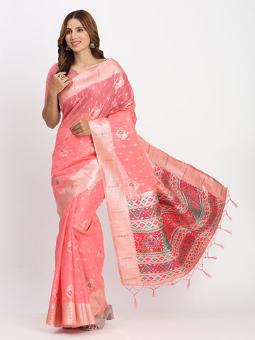 Peach Linen Cotton Saree