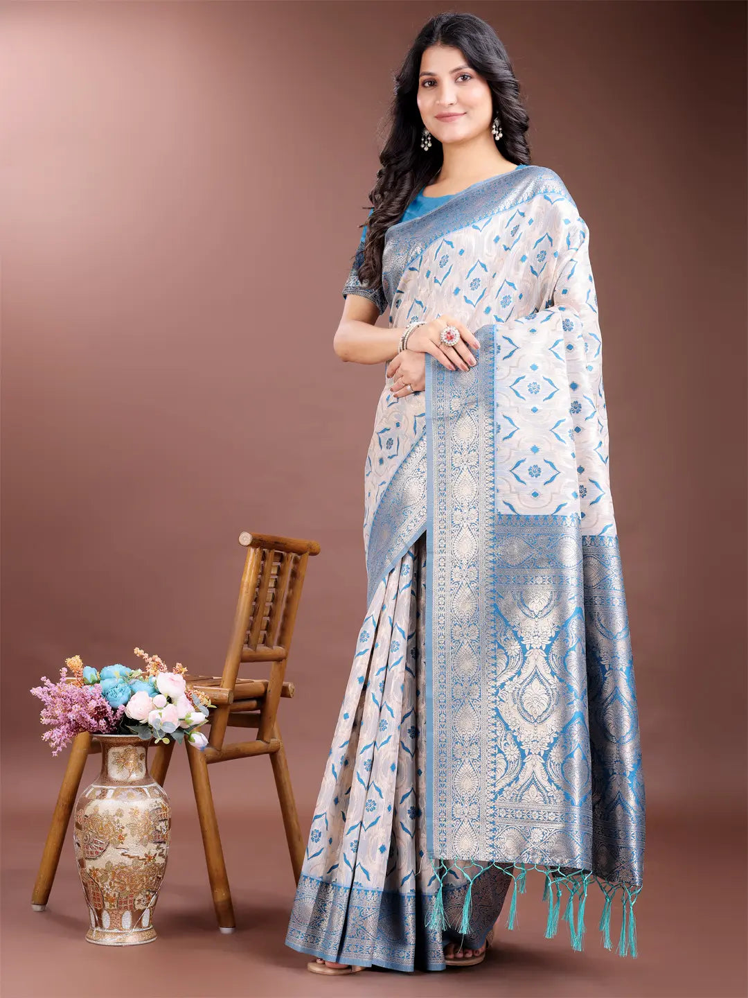 Sky Blue Linen Cotton Saree