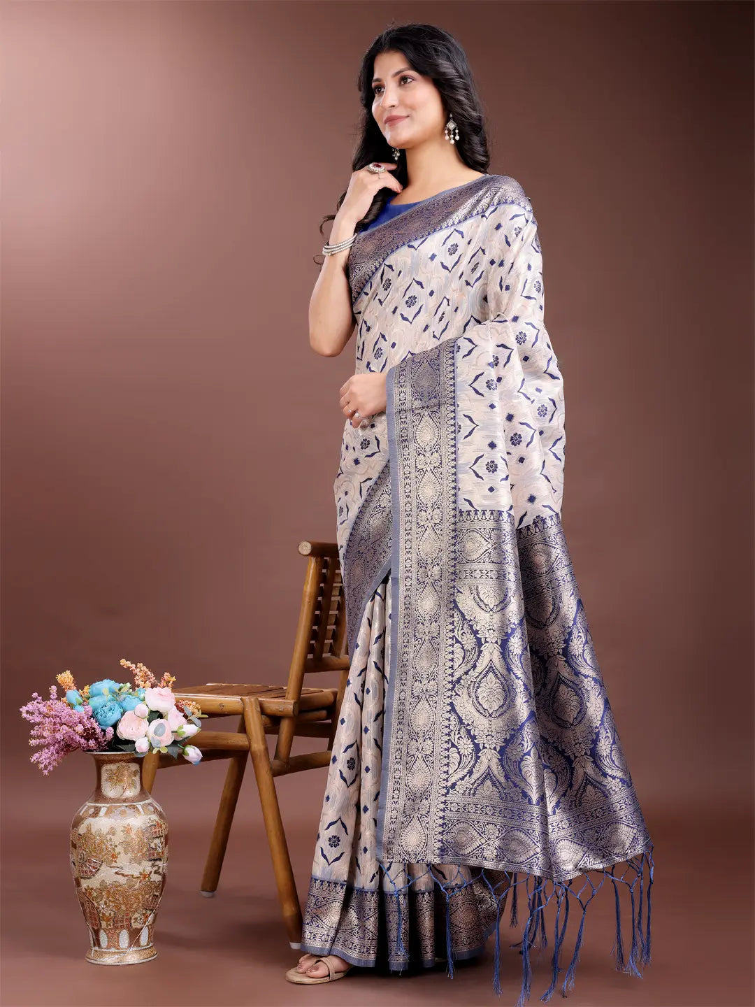Navy Blue Linen Cotton Saree